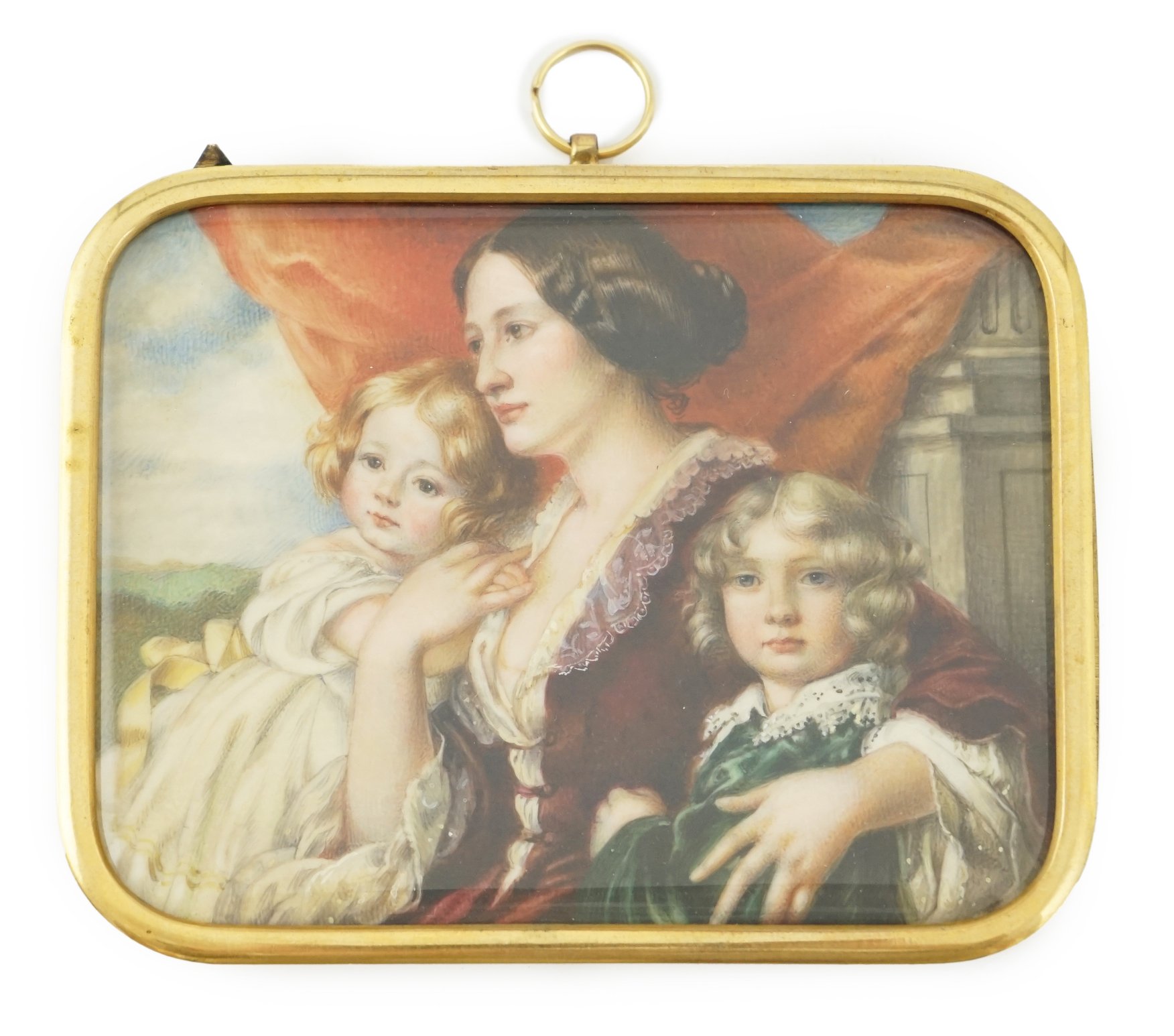 After Franz Xaver Winterhalter (1805-1873), Portrait miniature of Elzibeta Branicka, Countess Krasinka and her children 1853, watercolour on polymin, 7 x 9.3cm.